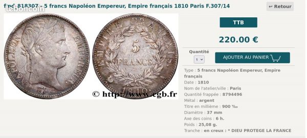 France – 5 Francs Napoléon Ier – 1810 A – Argent – Paris – Image 4
