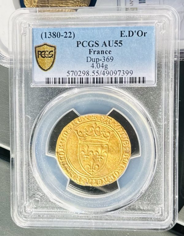 💰 Écu d’or “Poids Lourd” à la couronne – Charles VI (1380–1422), 1ère émission, 1385 – PCGS AU55 👑