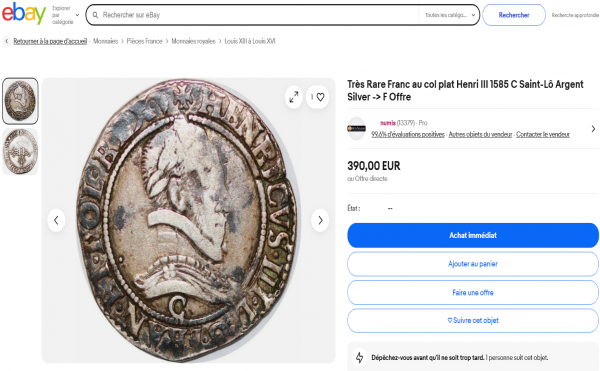✨ Magnifique Franc au col plat – Henri III (1582, atelier de Saint-Lô) – Image 5