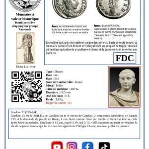 Monnaie romaine authentique GORDIEN III Denier revers "Diana Lucifera"