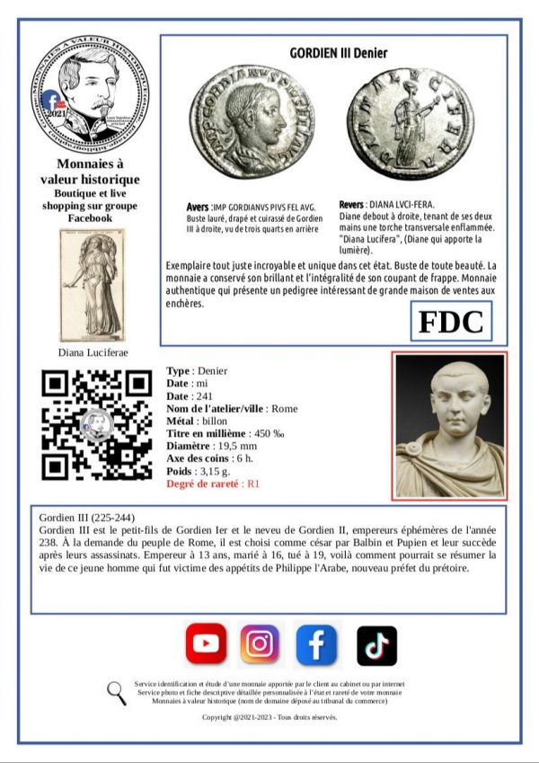Monnaie romaine authentique GORDIEN III Denier revers "Diana Lucifera"