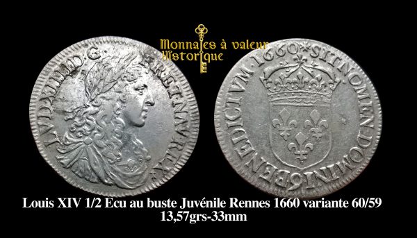 LOUIS XIIII demi-écu au buste juvénile 1660 variante – Image 2