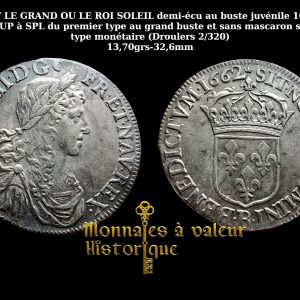 Monnaie royale LOUIS XIIII demi-écu au buste juvénile 1662 Rouen