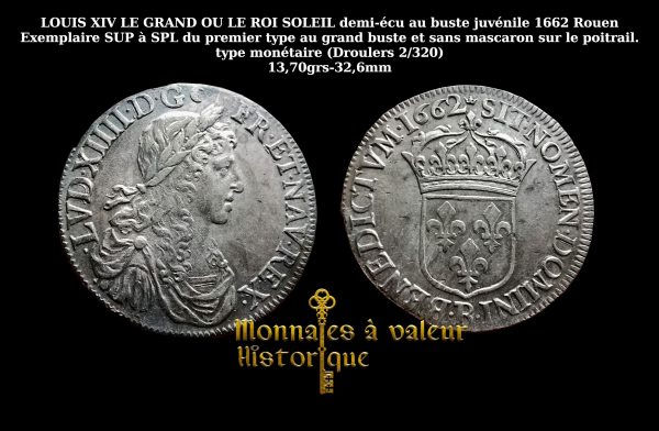 Monnaie royale LOUIS XIIII demi-écu au buste juvénile 1662 Rouen