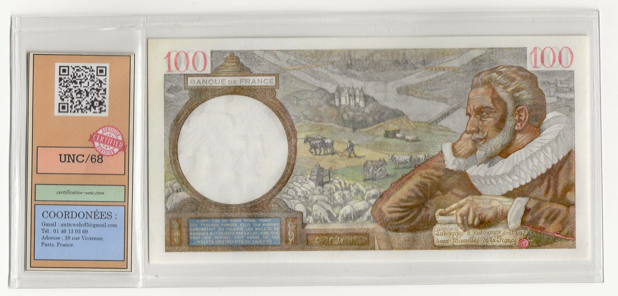 100 Francs – Sully (Jonas / Deloche) - UNC Gradé NEUF sous scellée – Image 2