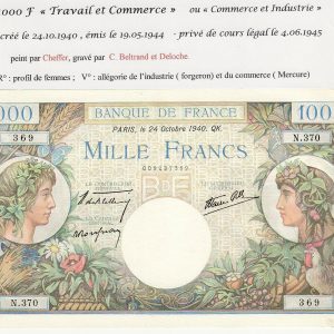 FRANCE – 1000 Francs – Travail & Commerce état SPLENDIDE