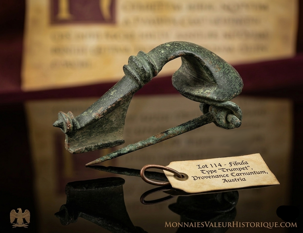 Rare Fibule Romaine en Bronze Type Trompette – Carnuntum, IIe-IIIe siècle ap. J.-C.