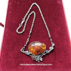 Collier Plastron Vintage en Ambre Baltique Naturel & Argent 925 – Années 1970 – Cabochon Ovale