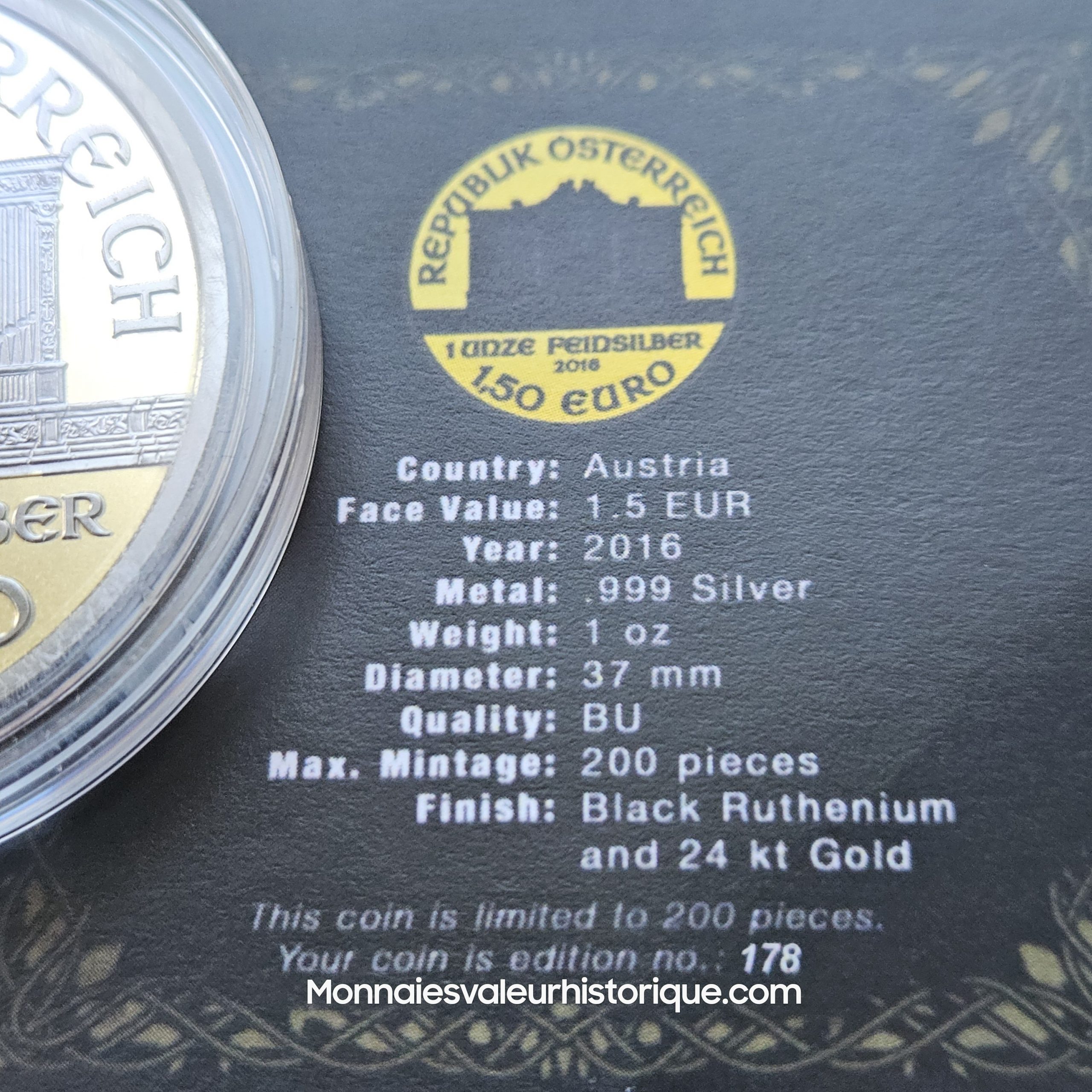 🇦🇹 1 oz Silver Vienna Philharmonic 2016 – Black Ruthenium & 24K Gold – N° 178 / 200 – Image 4