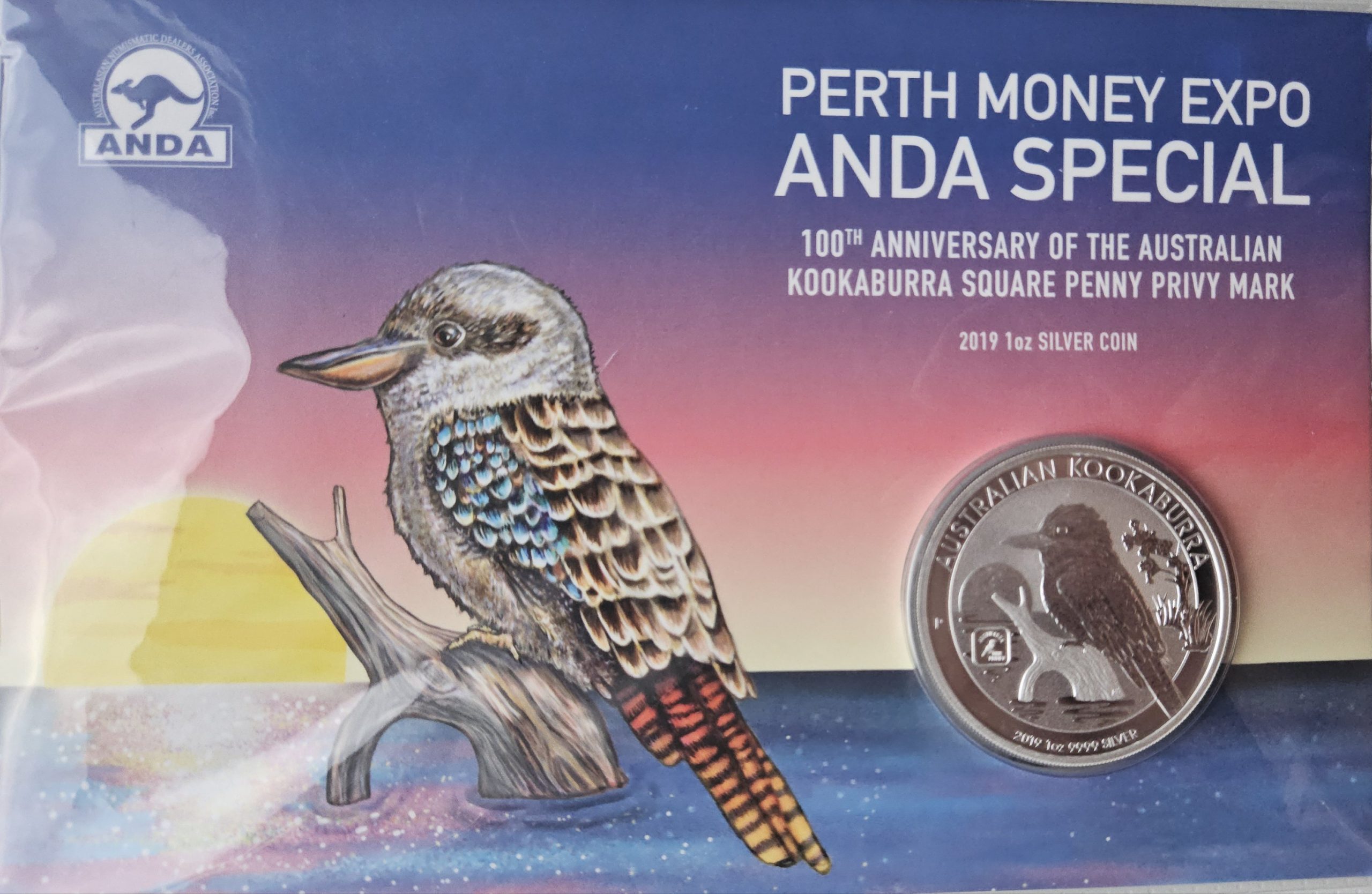 🇦🇺 1 oz Silver Kookaburra 2019 – 100th Anniversary Square Penny Privy Mark (Perth Money Expo Special)