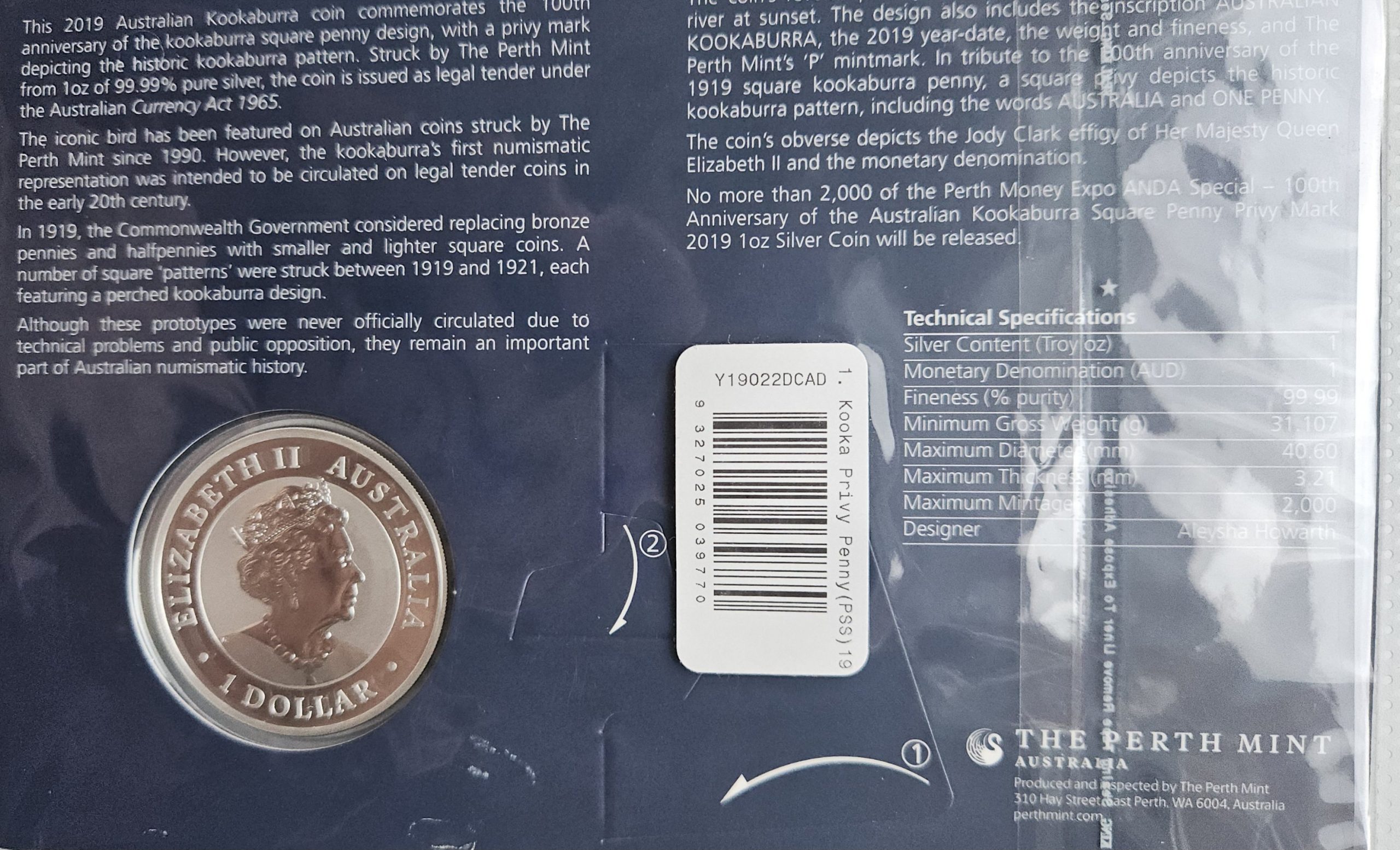 🇦🇺 1 oz Silver Kookaburra 2019 – 100th Anniversary Square Penny Privy Mark (Perth Money Expo Special) – Image 4