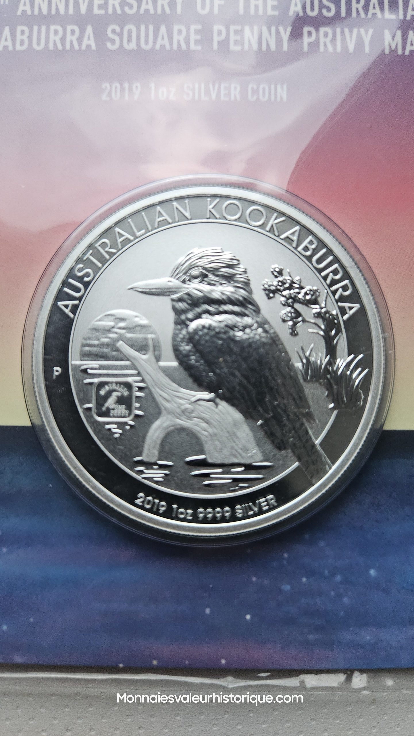🇦🇺 1 oz Silver Kookaburra 2019 – 100th Anniversary Square Penny Privy Mark (Perth Money Expo Special) – Image 2