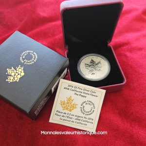 🇨🇦 1 oz Silver Maple Leaf 2016 – Special Edition ANA California "Pavot de Californie" – Coffret Officiel